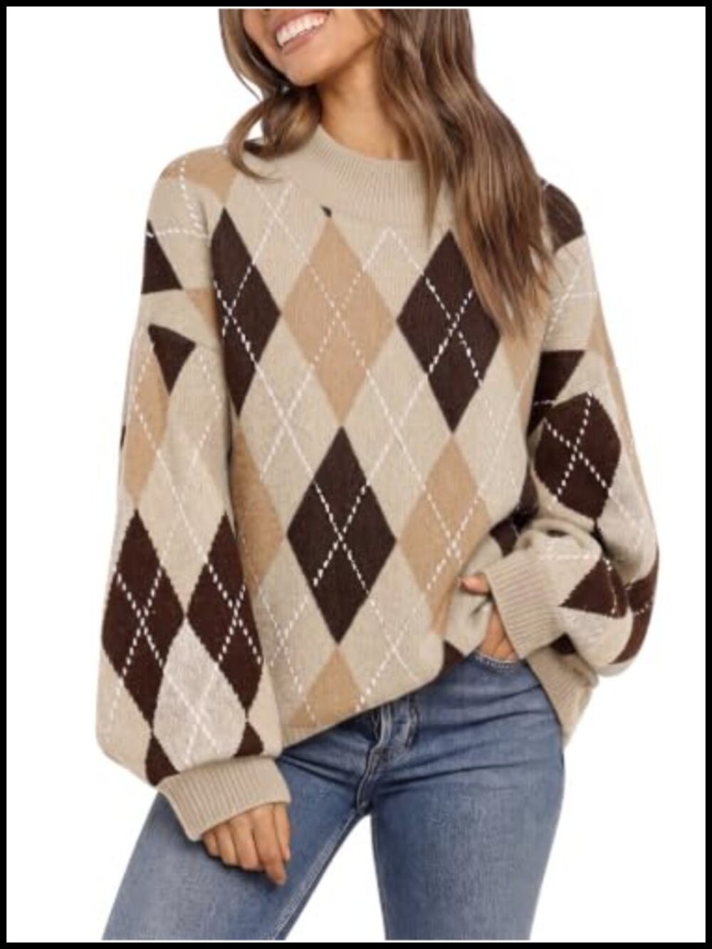 Women's Oversized Argyle Chunky Knit Sweater Crew Neck Lantern Sleeve